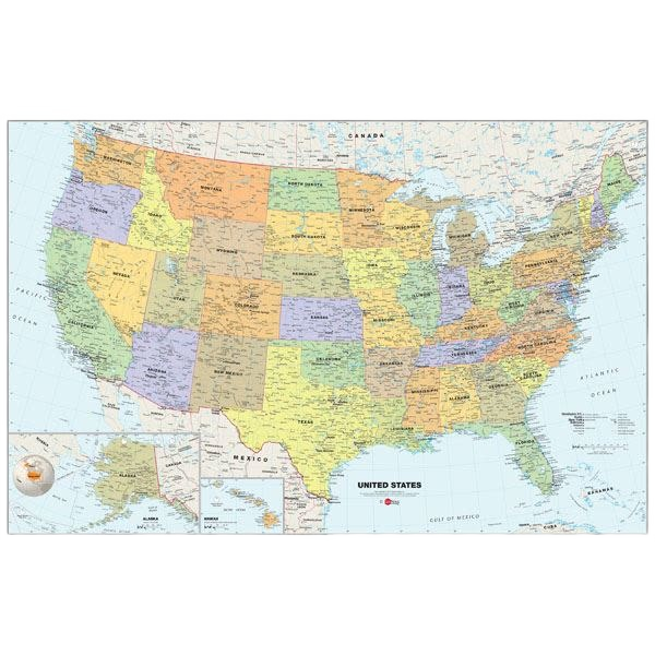 Color-coded USA map with state boundaries and major cities, designed as a dry erase surface for home or office use