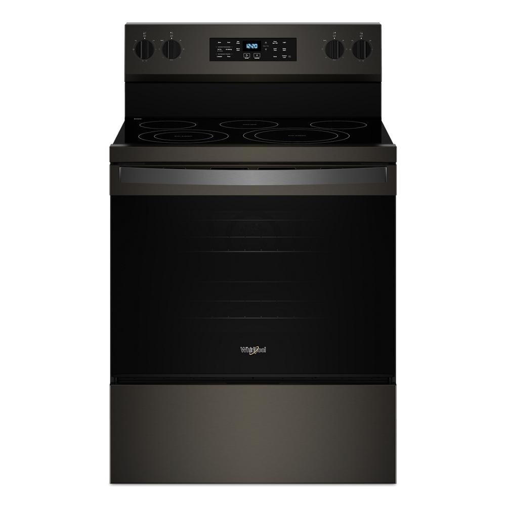 Black 30-inch electric range featuring smooth cooktop with four burners, digital control panel, and stainless steel handle, part of Ranges and Kitchen & Kitchenware collections.