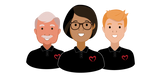 Illustration of three diverse team members wearing black polo shirts with red heart logos, smiling against a plain background.
