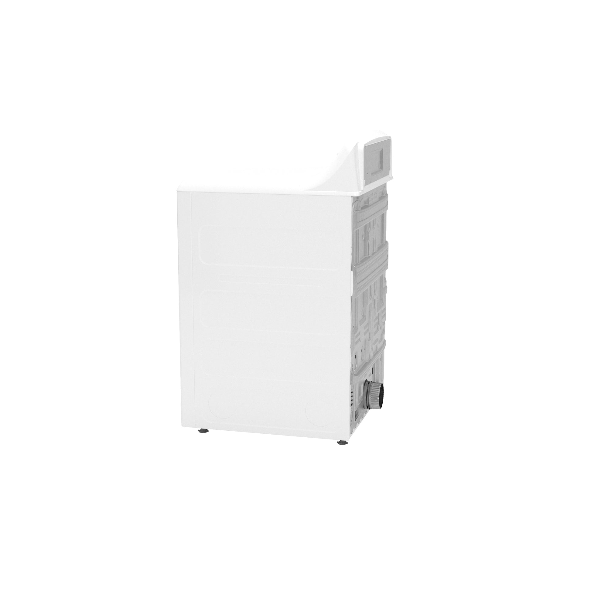 Side view of white electric dryer focusing on rear panel and venting connection in appliance and home improvement setting