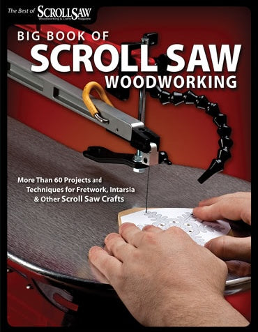 Hands guiding wood on a scroll saw with a clamped blade for detailed woodworking projects and crafts guidance book cover
