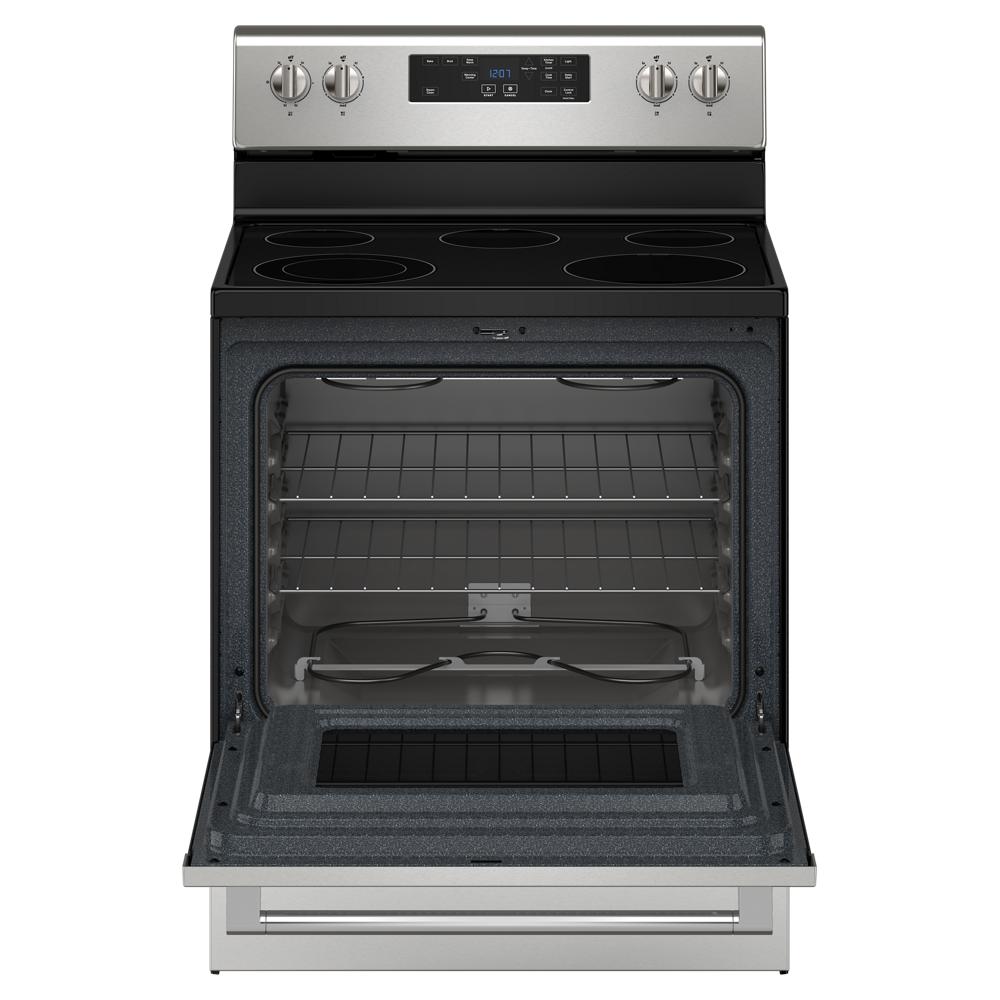 30-inch electric range with four smooth burners and open oven door from kitchen and appliances collection