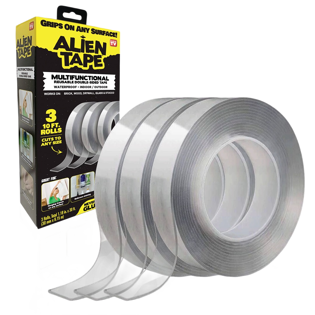 Three rolls of reusable transparent double-sided tape with packaging for home improvement and painting supplies