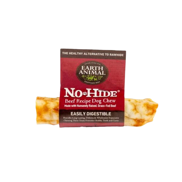 Earth Animal No Hide beef dog chew with red packaging, a natural treat in pet and animal supplies collections
