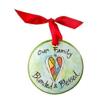 Hand-painted ceramic ornament with patchwork heart and "Our Family is Blended & Blessed" text in Christmas decorations collection