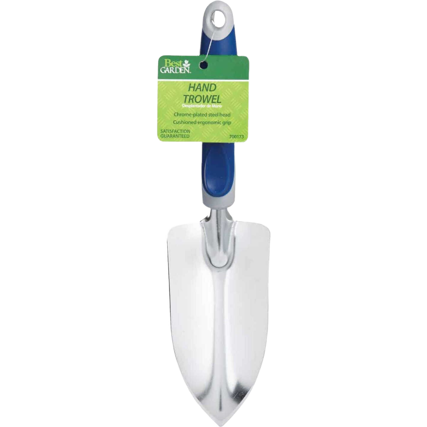 Steel hand garden trowel with cushioned blue ergonomic handle for comfortable use in tools and home improvement tasks
