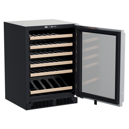 Built-in high-efficiency wine refrigerator with wood display racks and glass door in kitchen appliances collection