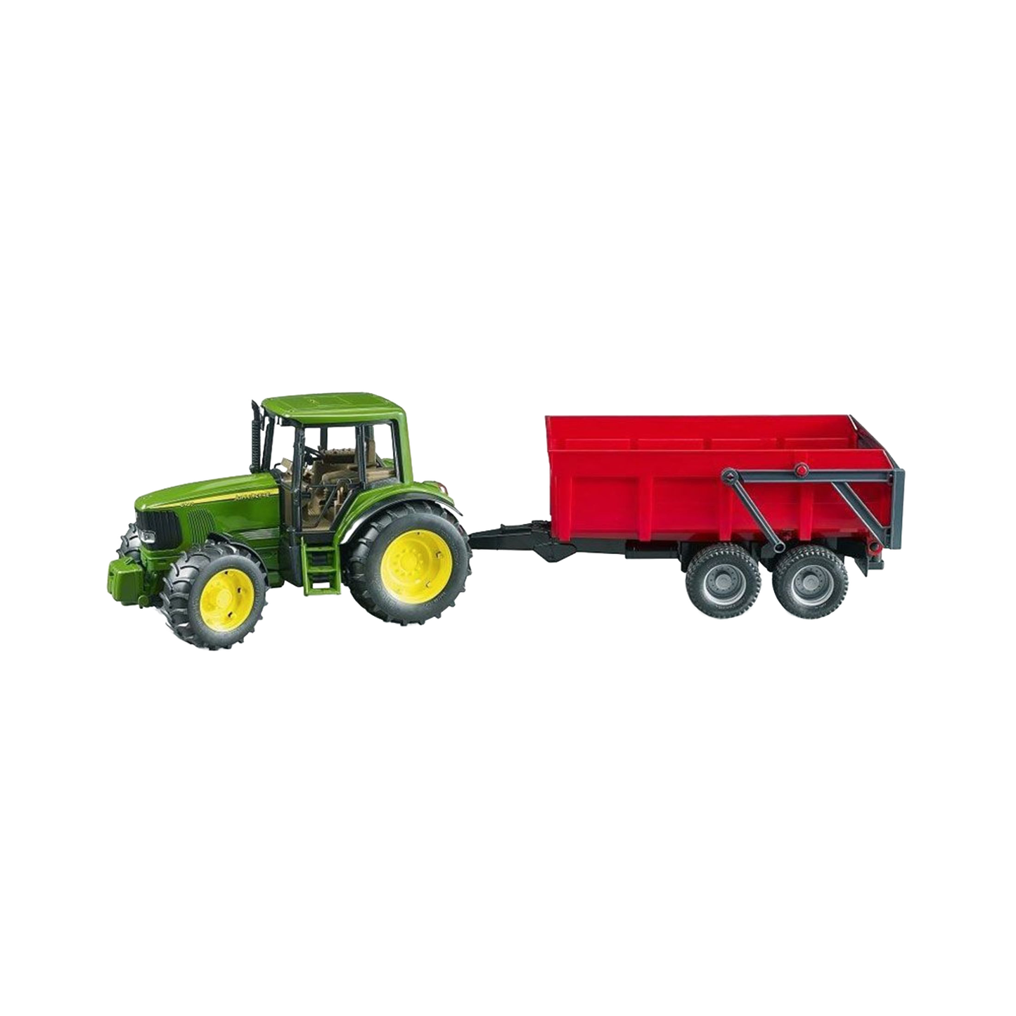 Green tractor toy with detailed cabin and yellow wheels pulling a red tipping trailer for Vehicles & Remote Controlled Toys collection