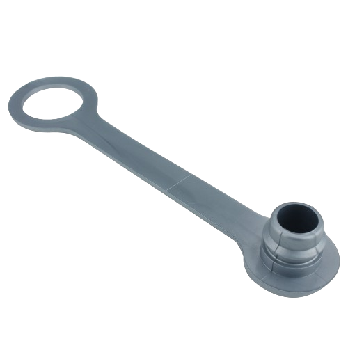 Silver hydraulic line dust plug with extended tab and loop for easy handling in maintenance tasks