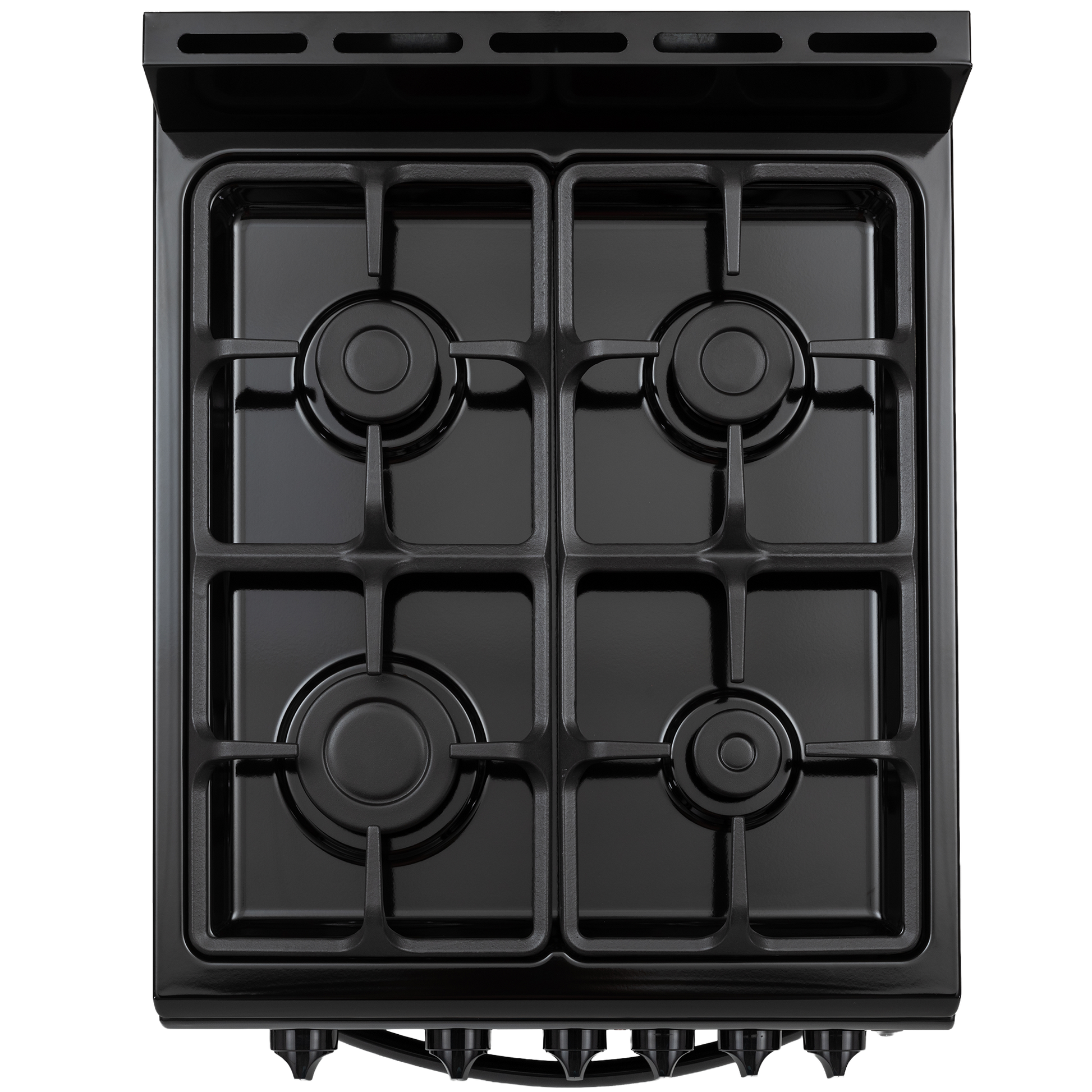 Top-down view of a black 20-inch gas range cooktop with four burners and control knobs for kitchen appliances.