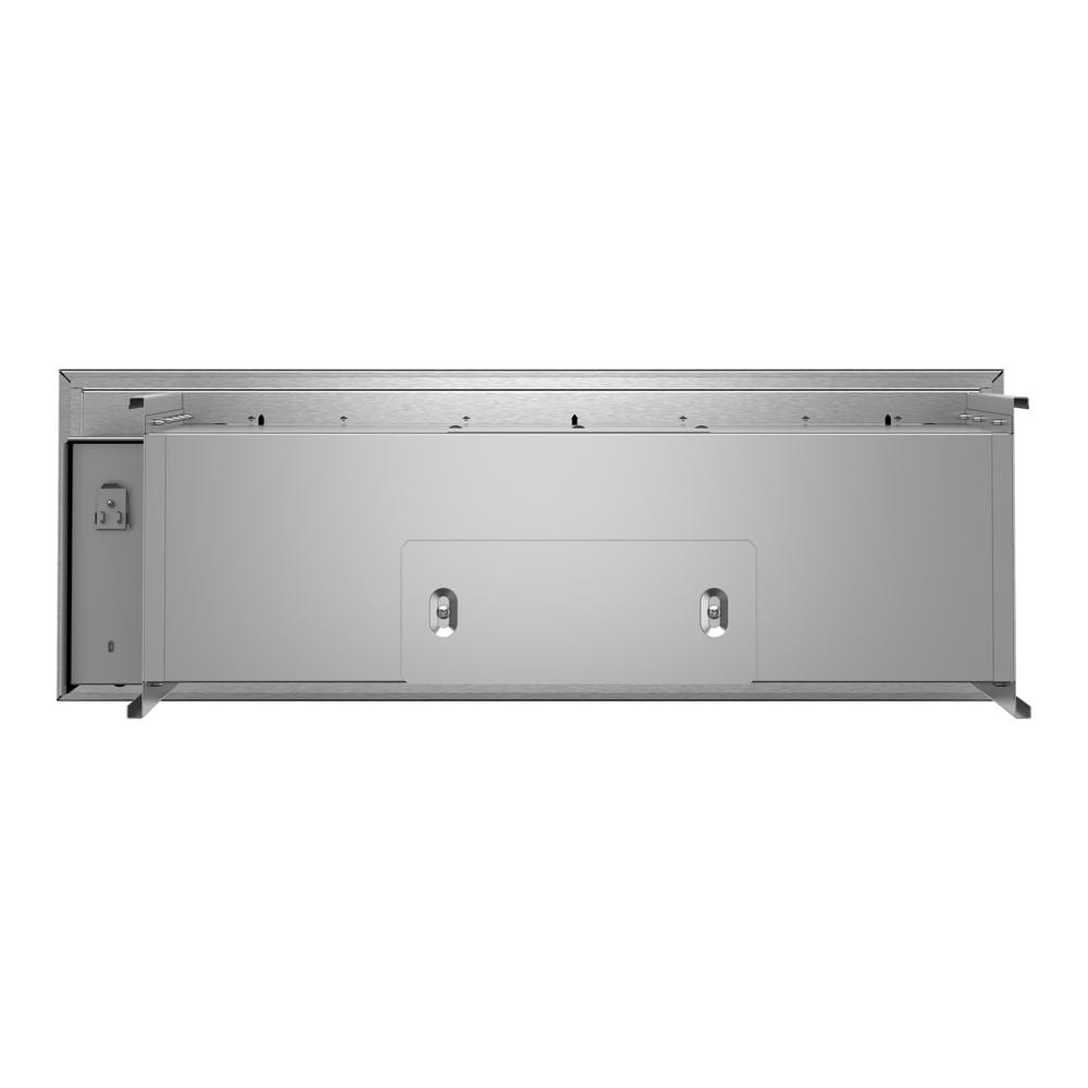 Rear view of a stainless steel 27-inch panel-ready warming drawer featuring mounting brackets and electrical connection, part of KitchenAid appliances for home improvement.