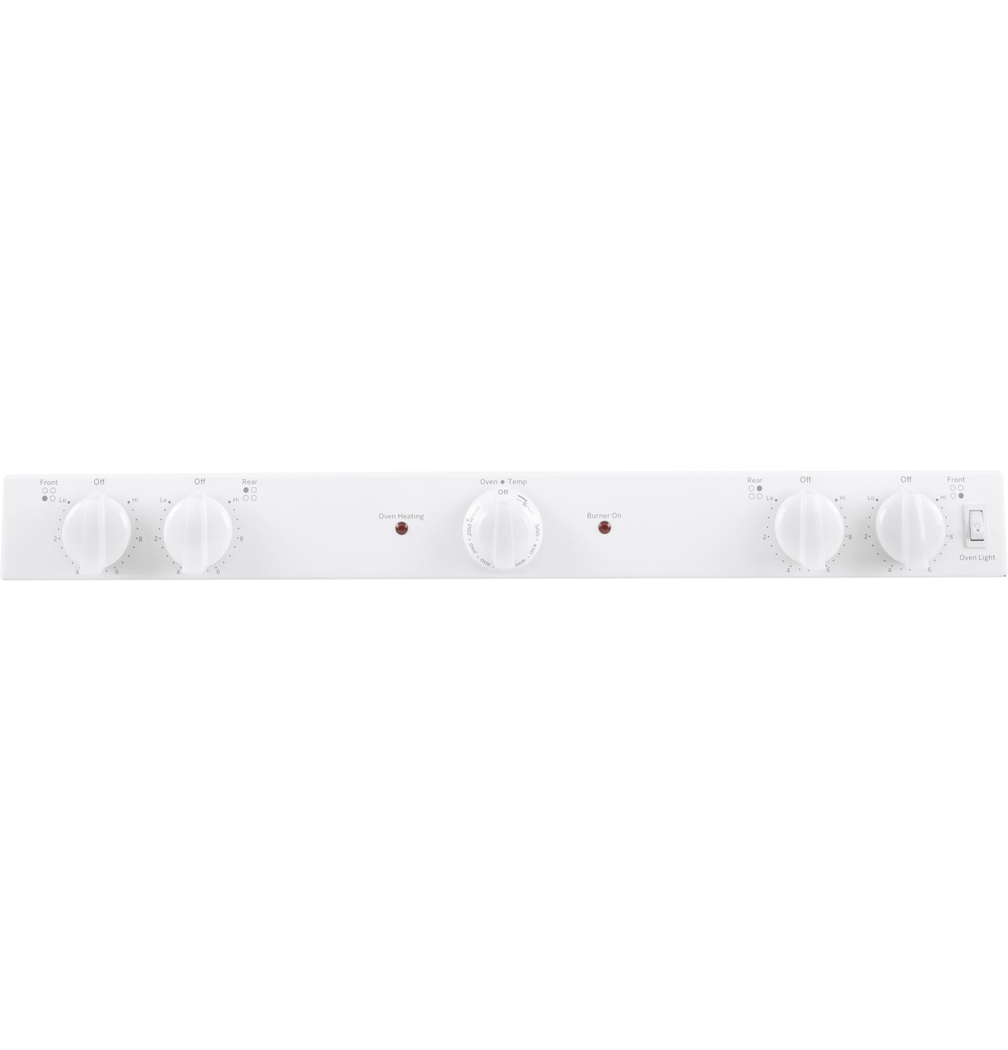 White control panel with six knobs and indicator lights for a free-standing electric range from Ranges & Kitchenware collections