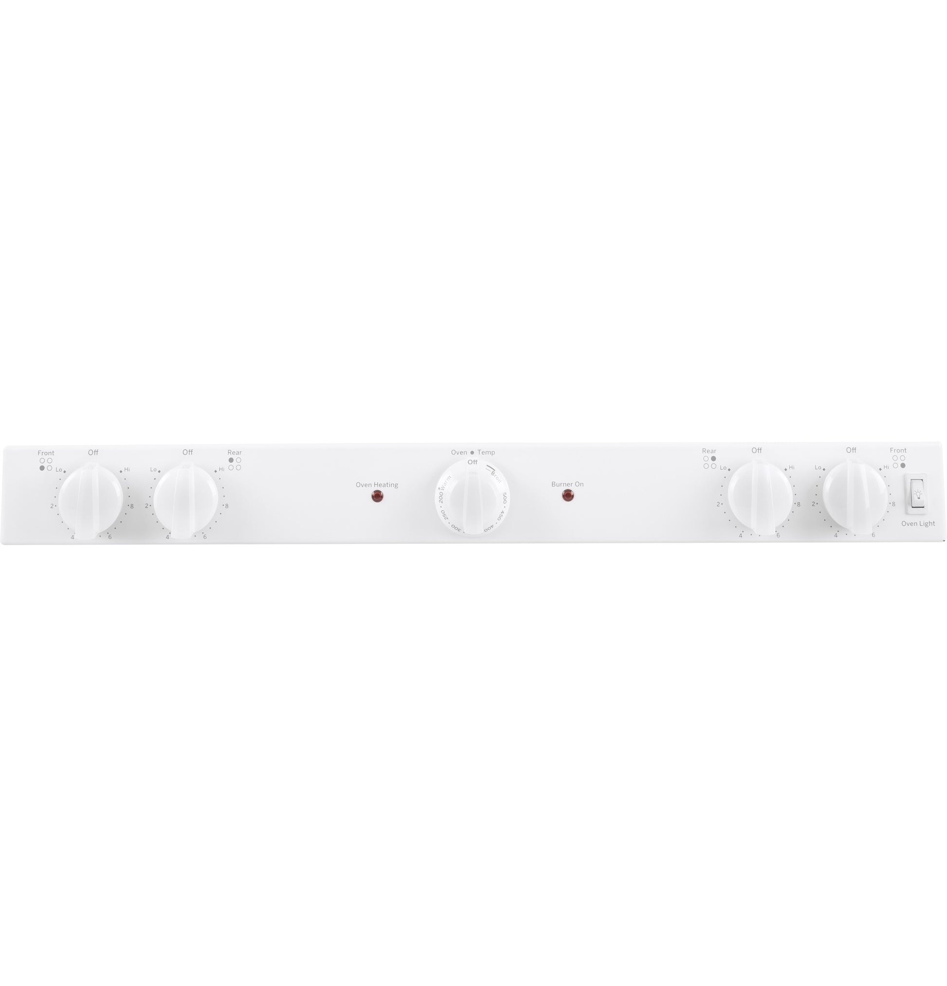 White control panel with six knobs and indicator lights for a free-standing electric range from Ranges & Kitchenware collections