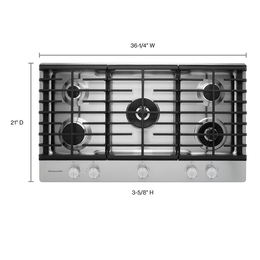 36-inch stainless steel gas cooktop with five burners and front control knobs from KitchenAid appliances collection
