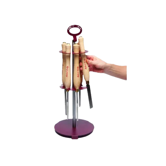 Rotating burgundy tool rack holding six woodturning tools with wooden handles in woodworking tools collection under $100