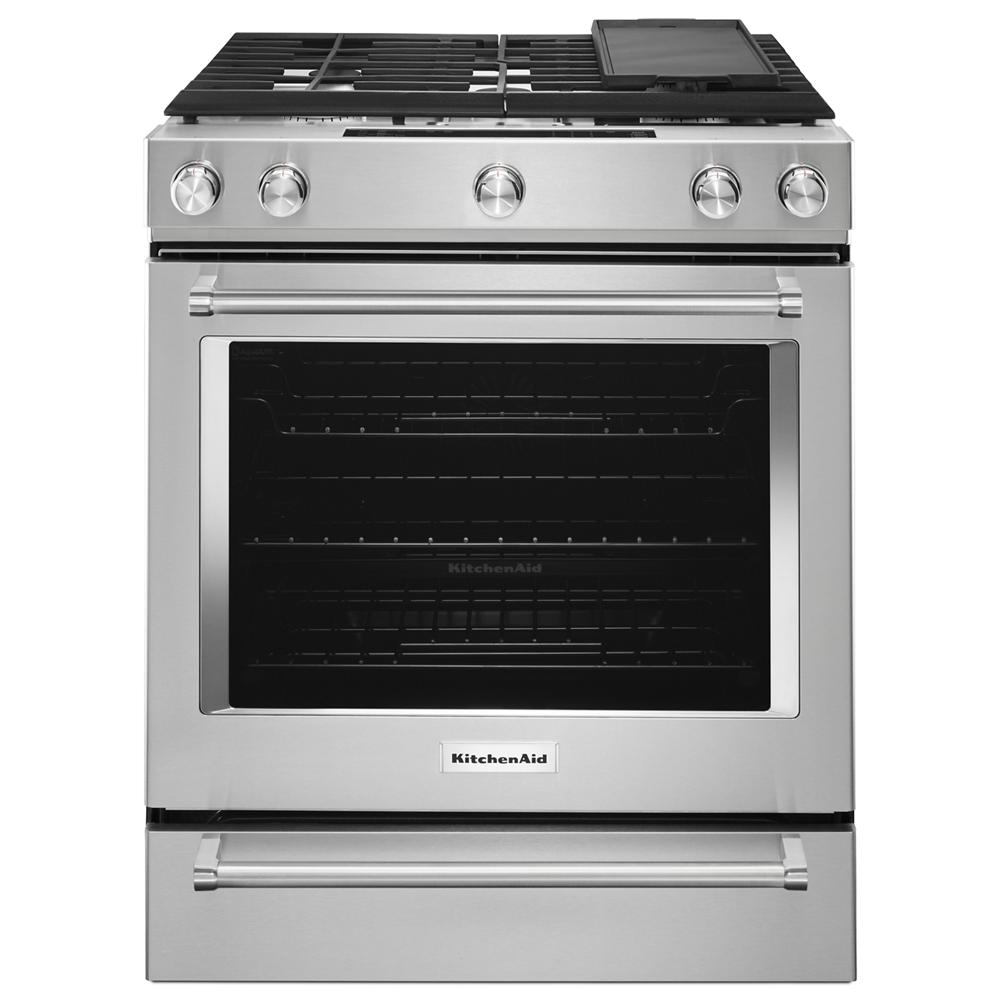 Stainless steel 30-inch dual fuel range with five burners, convection oven, and baking drawer in KitchenAid collection