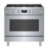 stainless steel gas freestanding range with six burners and control knobs for home improvement kitchens