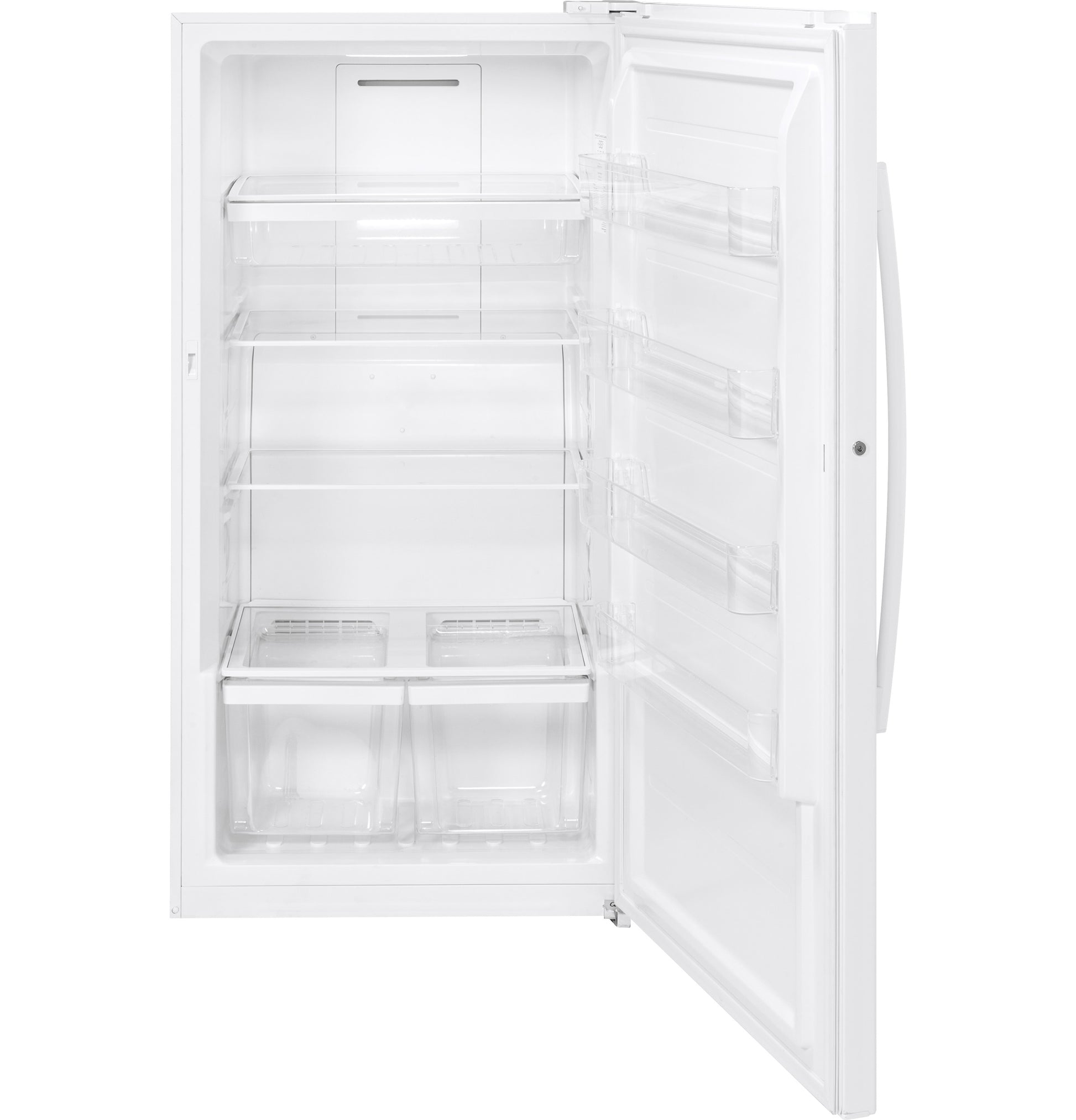 Open white upright freezer with multiple shelves, clear drawers, and door storage in freezers and kitchen appliances collection