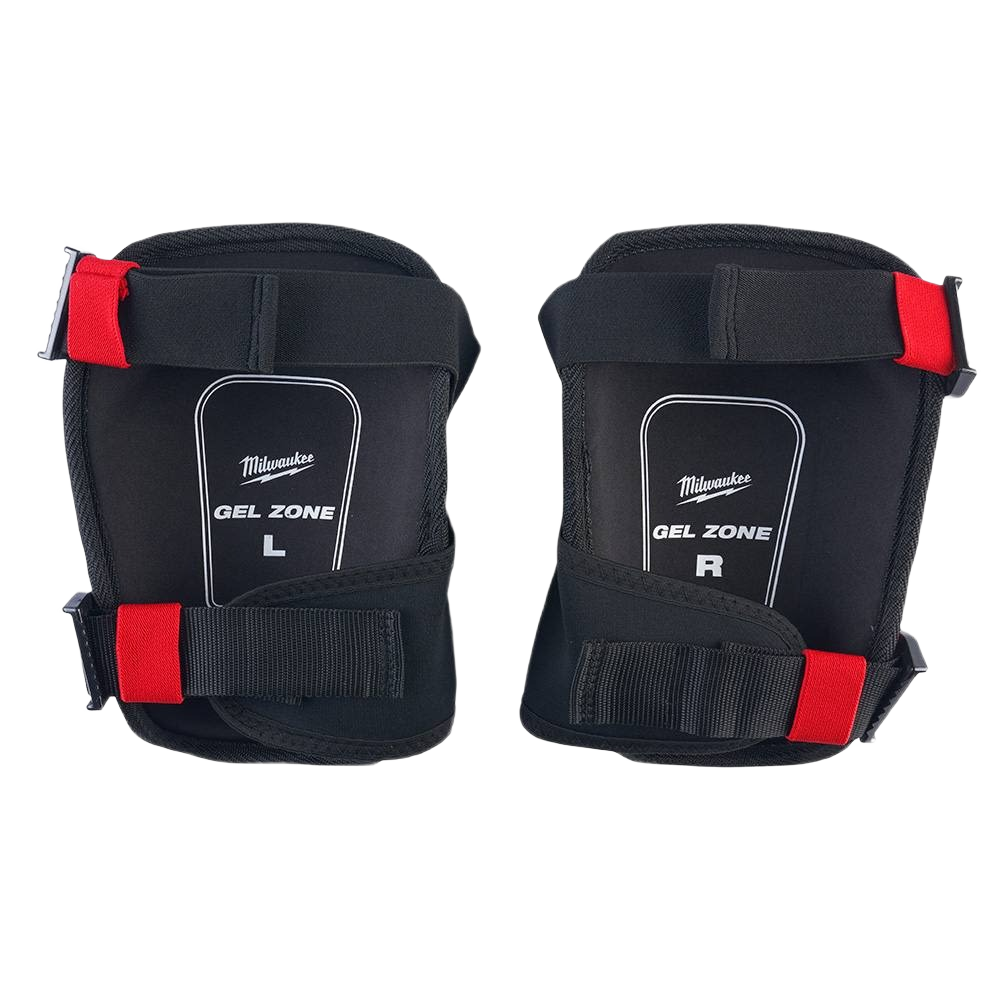 Black and red Milwaukee gel zone knee pads with adjustable straps for durable safety and comfort in hardware and home improvement tasks