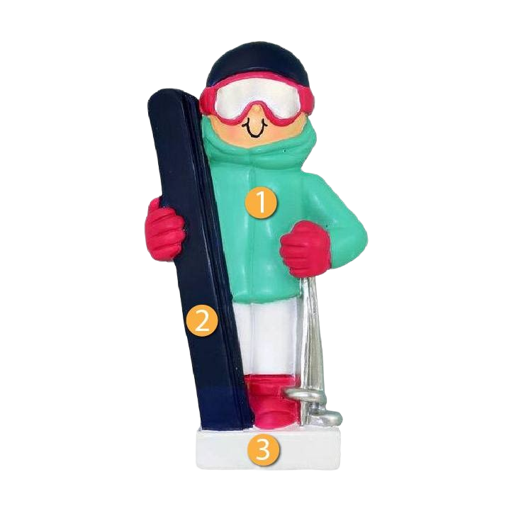 Personalized female skier ornament in green jacket and red gloves holding skis and poles from Christmas decorations collection