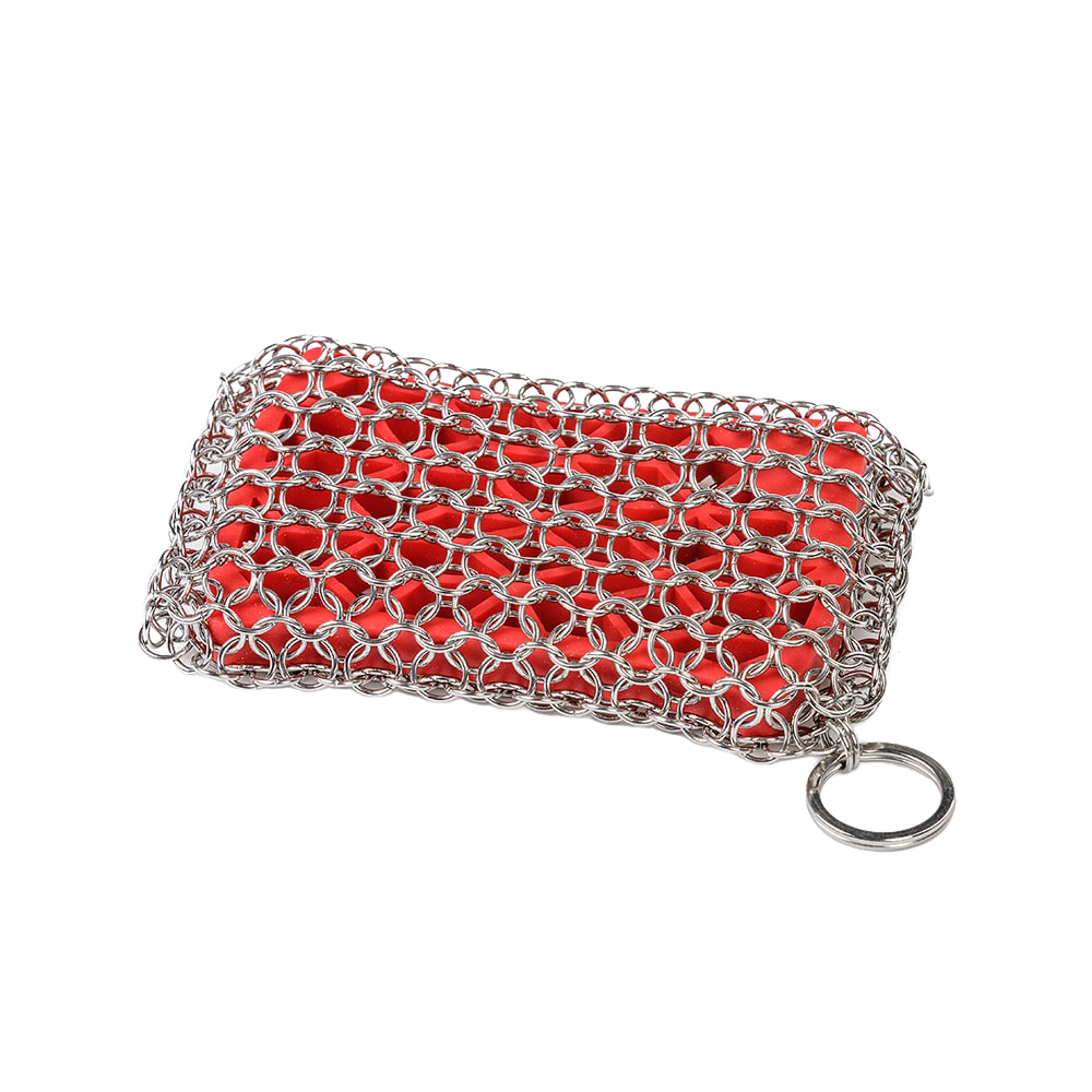 Red scrub pad encased in silver chainmail mesh with attached keyring for kitchenware cleaning under $50.