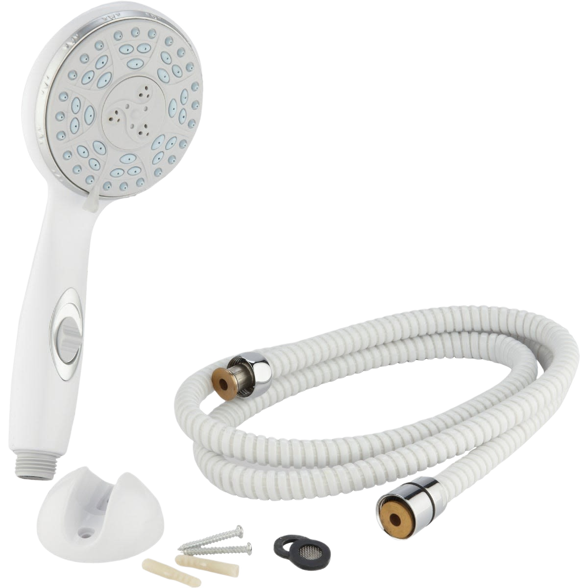 White handheld showerhead with flexible hose, wall mount, and installation hardware for marine and RV use