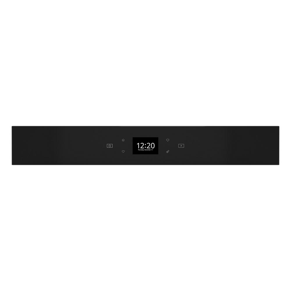 Black digital control panel with clock display and touch buttons for single wall oven in kitchen appliances collection