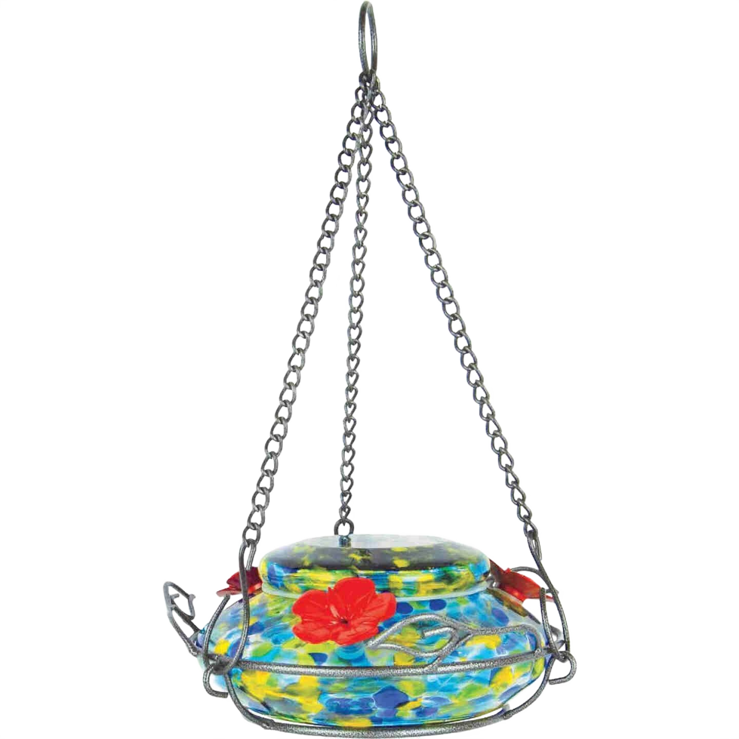 Colorful glass hummingbird feeder with red flower designs and metal hanging chains for outdoor use