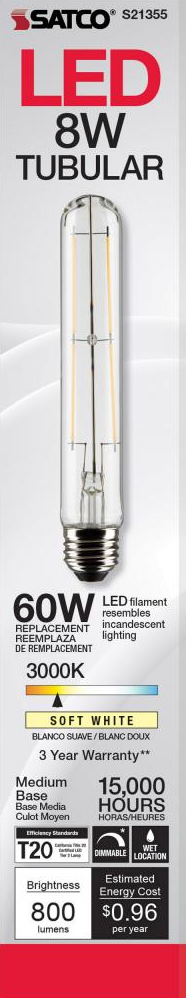 Clear tubular 8 watt LED bulb with 3000K soft white light, medium base, dimmable for lighting and home improvement under $50 collection