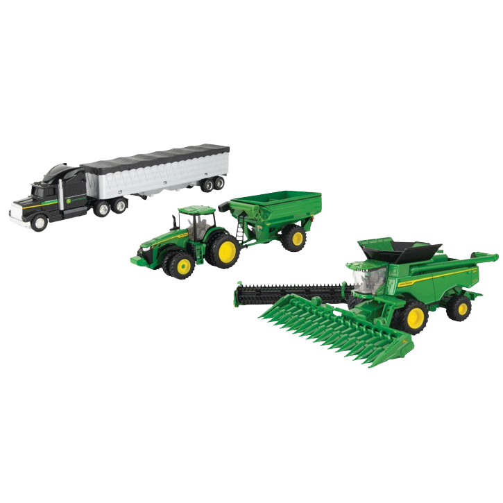 Green toy tractor and combine harvester with black and white grain trailer for farming display or playset use