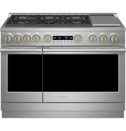 Stainless steel dual-fuel professional range with six burners, griddle, and digital control panel in kitchen appliances collection