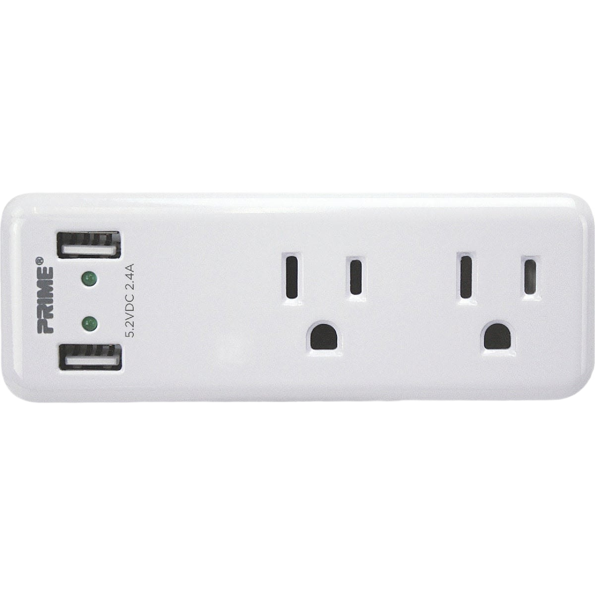 Compact white electrical power strip with two outlets and dual USB charging ports for home and office use