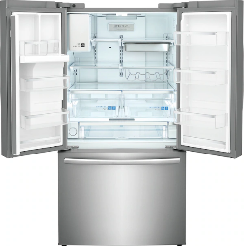 Standard-depth French door refrigerator with spacious adjustable shelves, crispers, and a lower freezer drawer in kitchen appliances collection