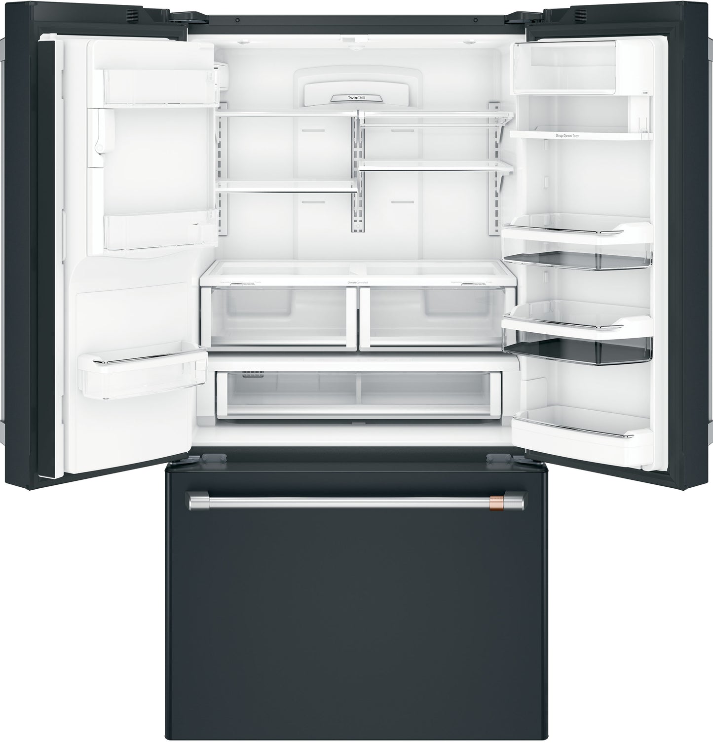 Open black French-door refrigerator with spacious adjustable shelves and bottom freezer in kitchen appliance collections