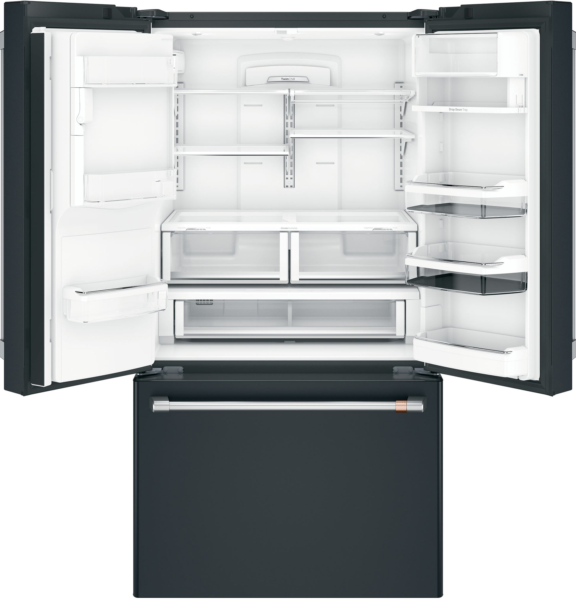Open black French-door refrigerator with spacious adjustable shelves and bottom freezer in kitchen appliance collections