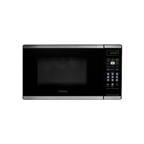 Compact black countertop microwave with digital display and keypad controls for kitchen appliance use
