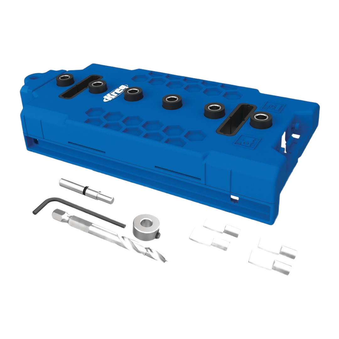 Blue Kreg jig with 1/4-inch bit and accessories for precise shelf pin hole drilling in woodworking tool collections