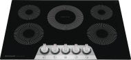 Black smooth electric cooktop with five burners and white control knobs in Cooktops and Appliances collections