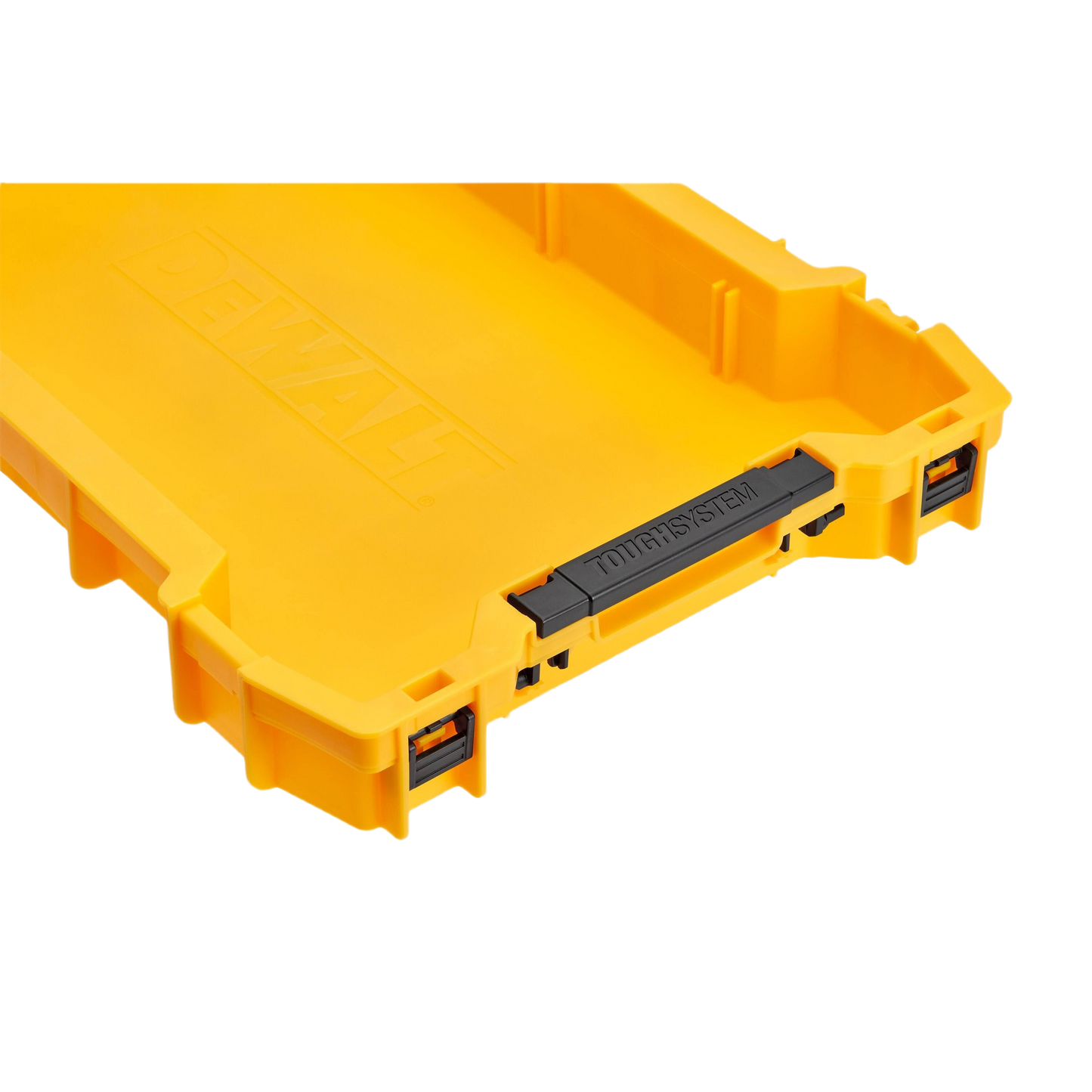 Yellow plastic shallow tool tray with black handle for workshop organization and jobsite storage solutions
