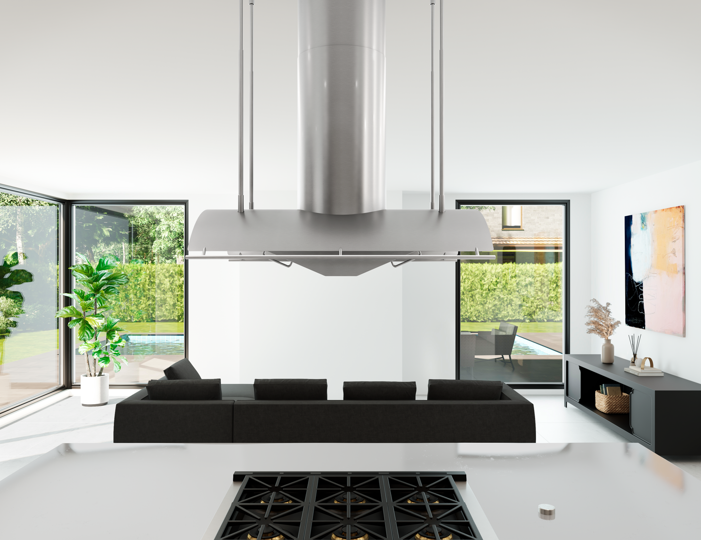 Modern stainless steel island range hood with LED lighting in a bright kitchen and living area from Range Hoods collection