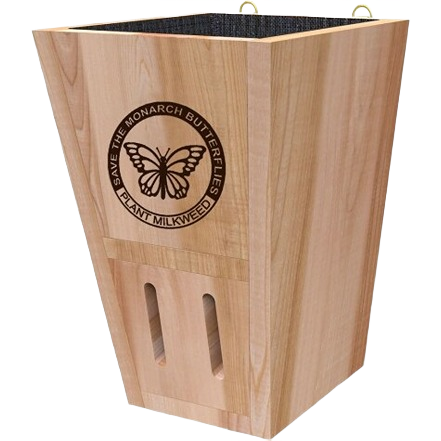 Wooden butterfly shelter and planter with engraved monarch butterfly logo for garden and home improvement use