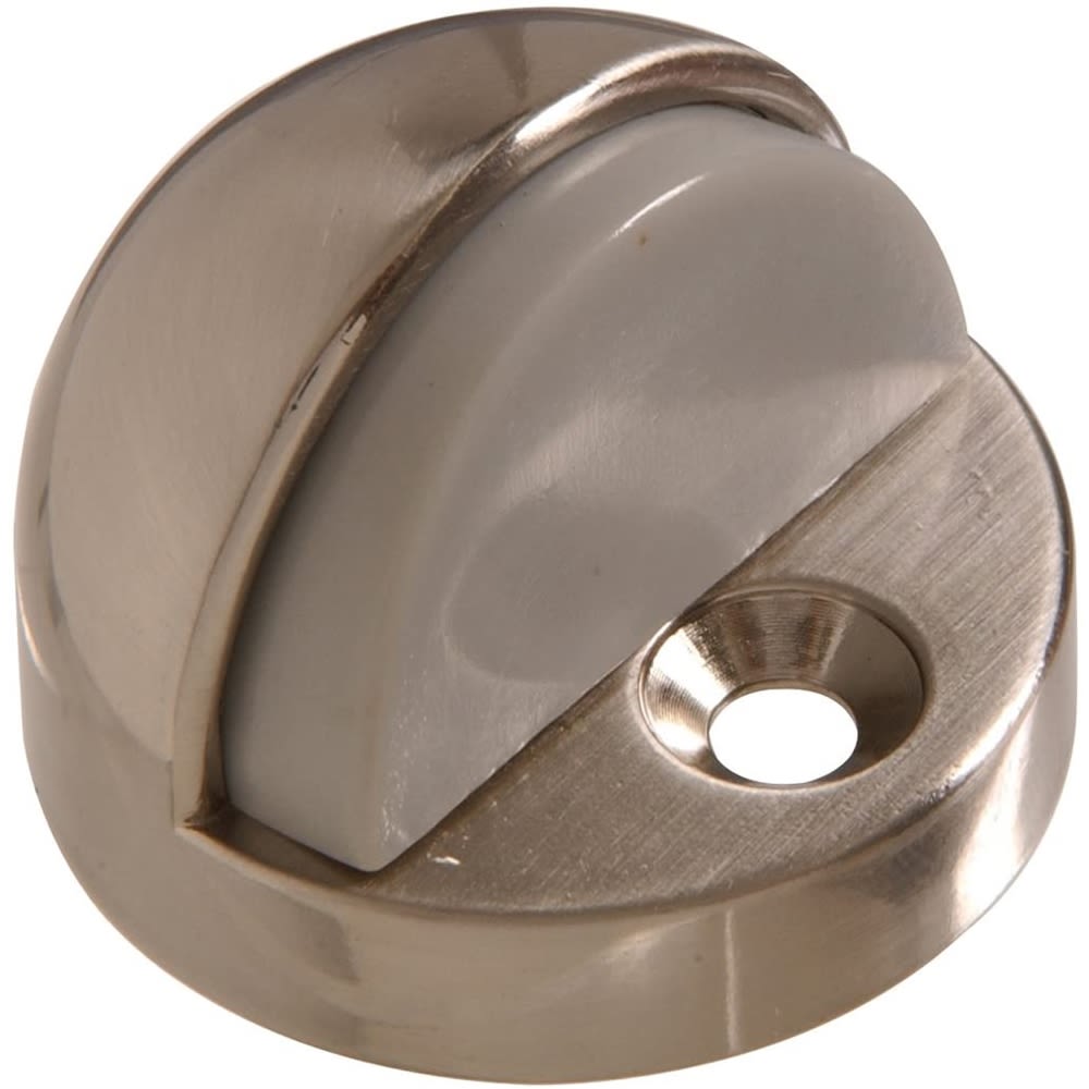 Close-up of a satin nickel high dome floor door stop designed for wall and door protection in hardware category