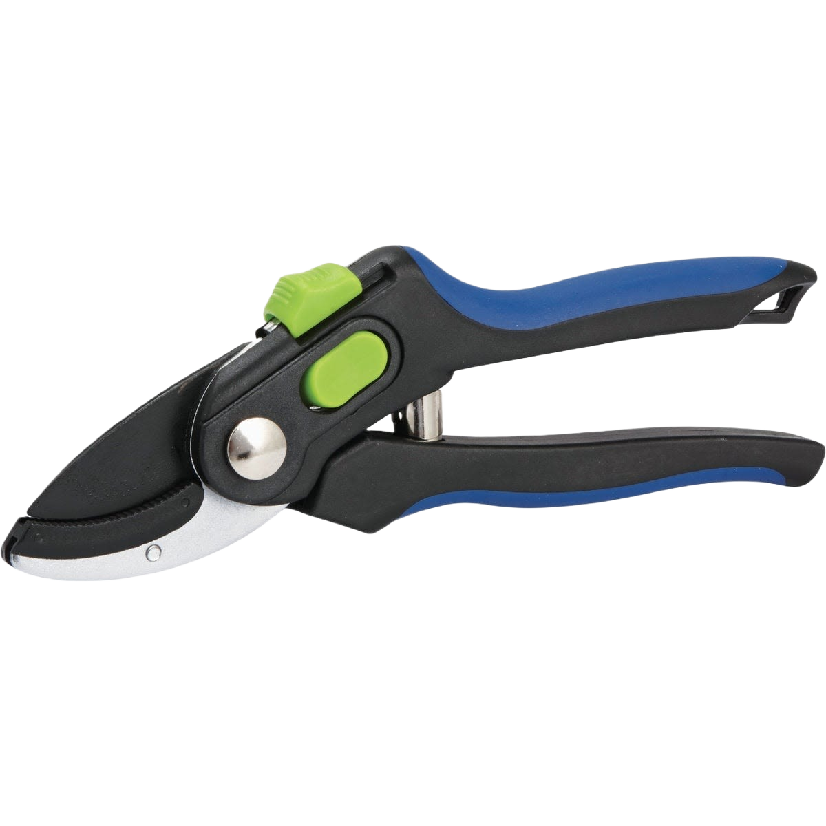 Ergonomic garden anvil pruner with blue and black handles and green locking mechanism for home improvement tasks