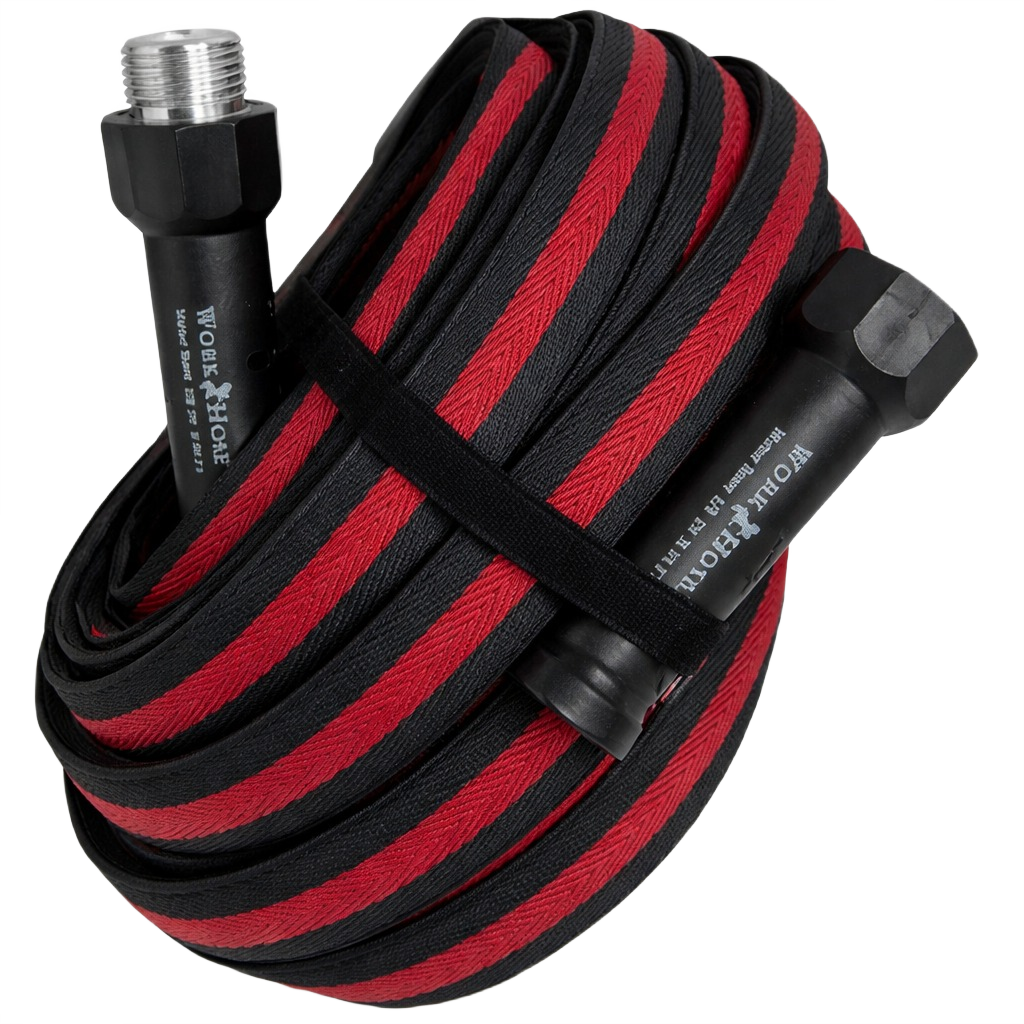 Coiled red and black durable water hose with metal connectors for watering and irrigation in lawn and garden use