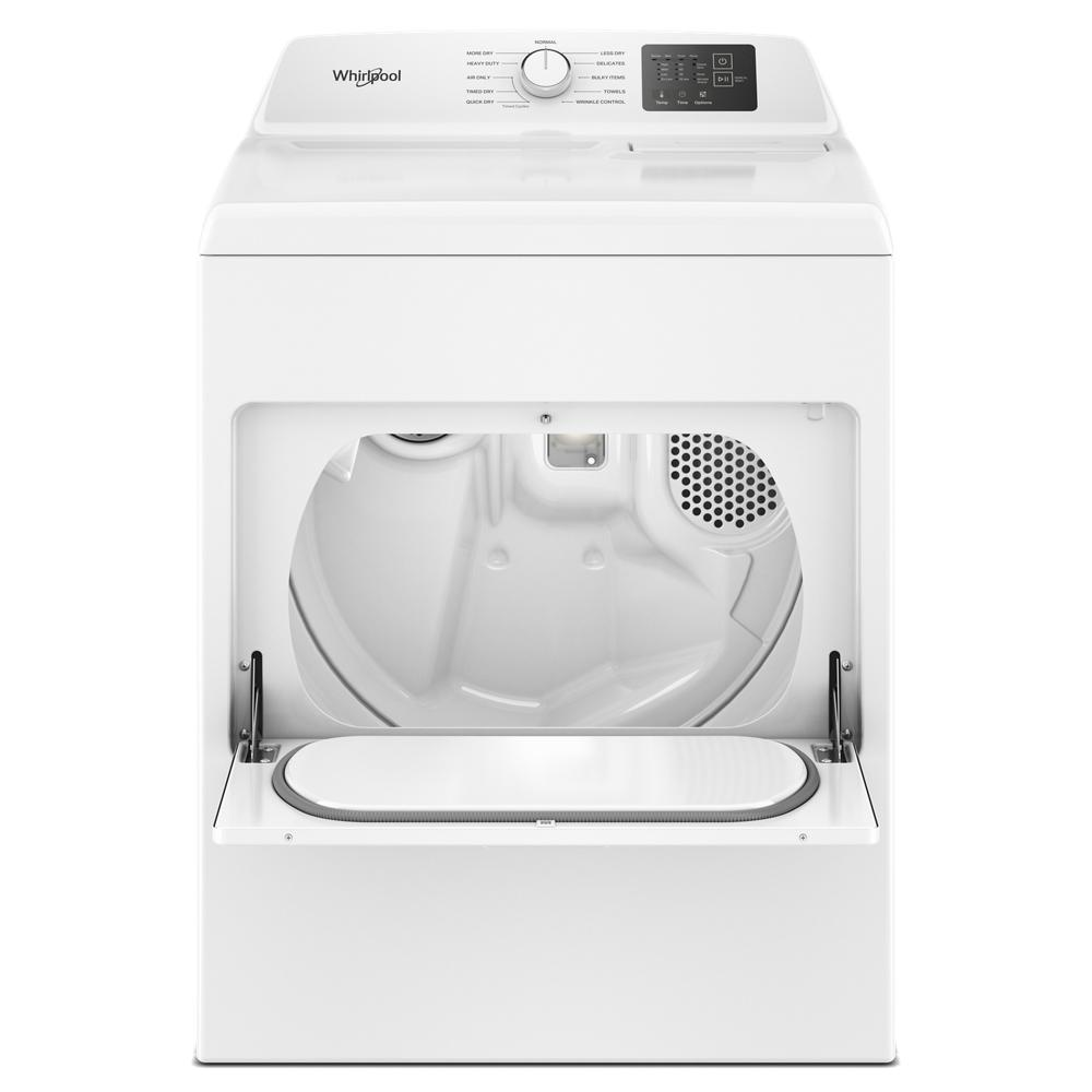 Open front view of white top load gas dryer with control dial and digital panel in appliances and dryers collection