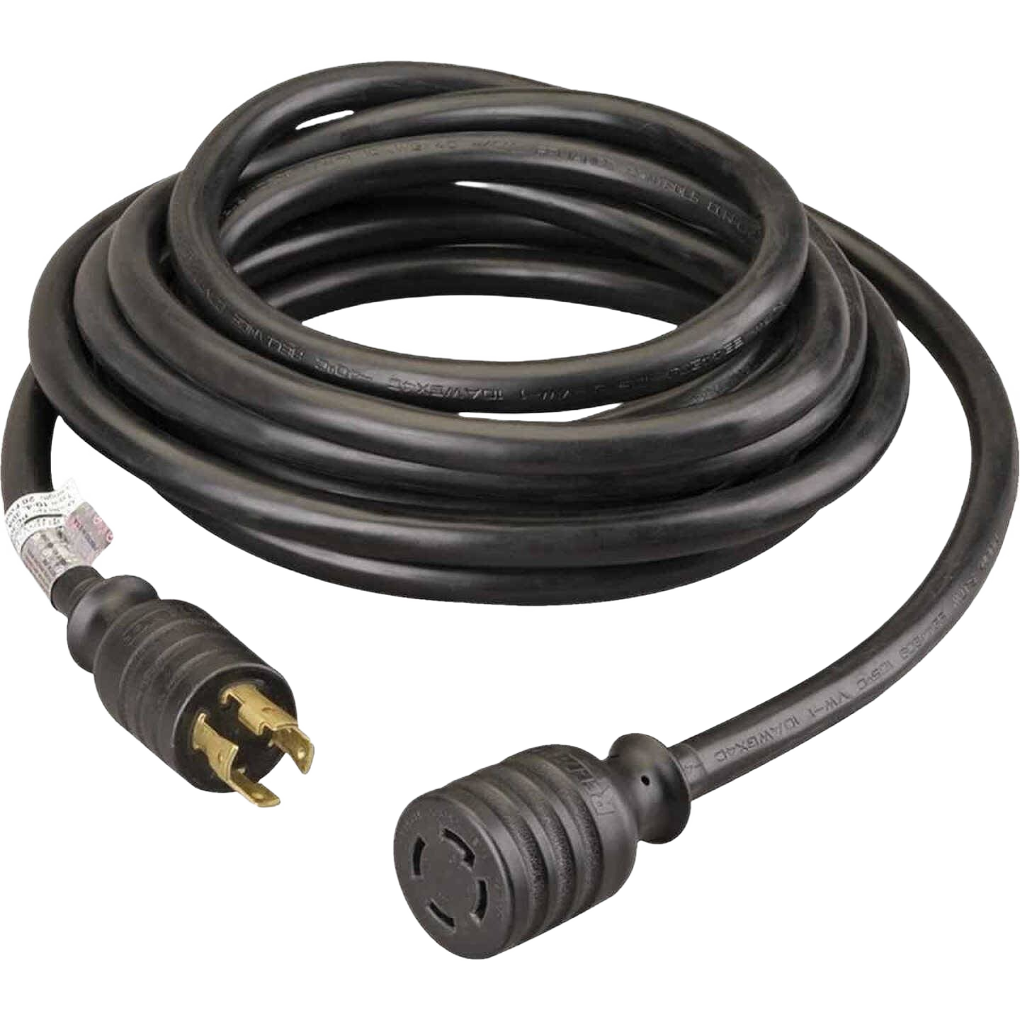 Coiled black generator extension cord with three-prong plug and connector for Electrical use in home improvement collections