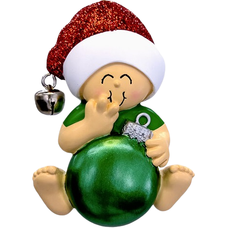 Festive baby ornament in green holding Christmas bulb with red glitter Santa hat for holiday tree decorations under $50 collection