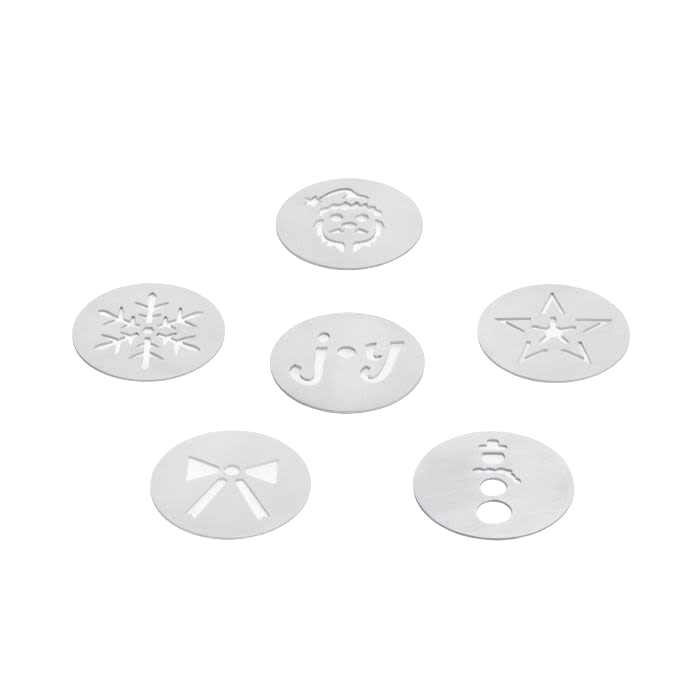 Six stainless steel cookie press disks with holiday shapes including Santa, star, snowman, bow, snowflake, and joy for kitchen gadgets.