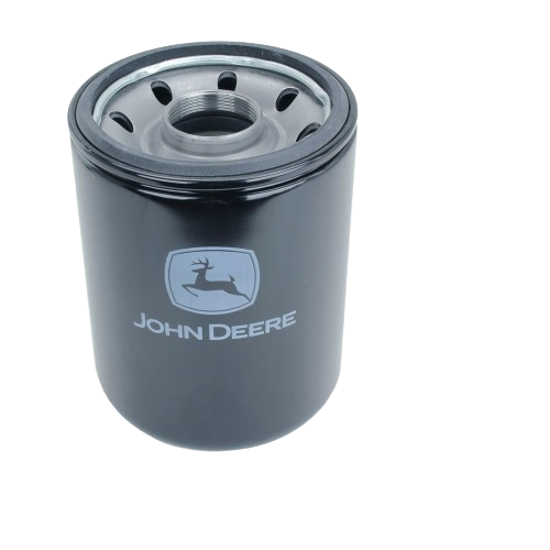 Black cylindrical hydraulic oil filter with John Deere logo, designed for machinery maintenance and fluid filtration needs.