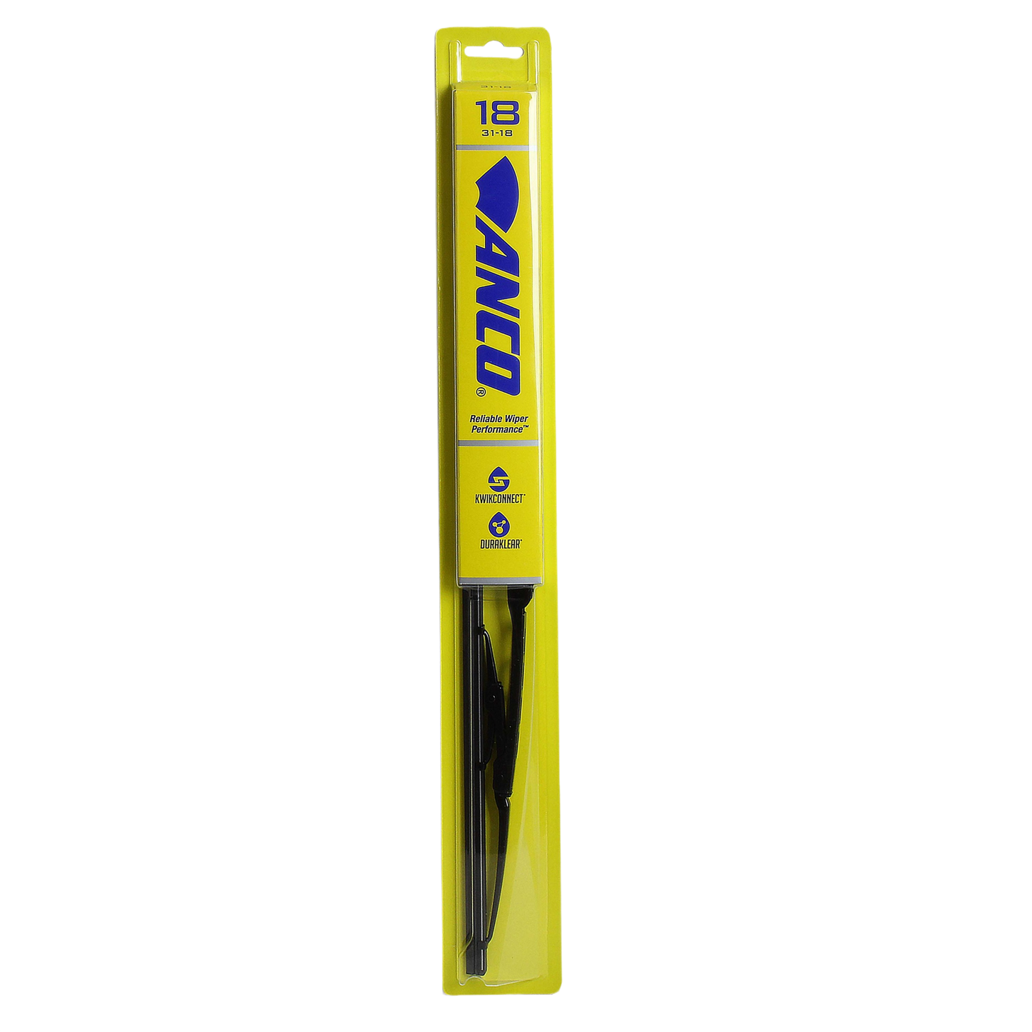 18-inch Anco ergonomic windshield wiper blade in yellow packaging for automotive maintenance and home improvement tasks